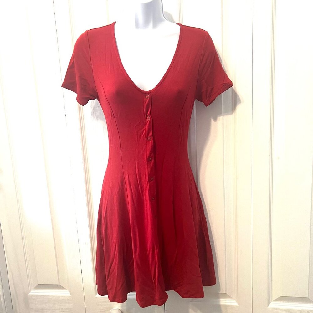 Forever 21-Small-Mini Snap Up Front Short Sleeve Dress-Belted Back-Rust/Orange - Picture 3 of 13